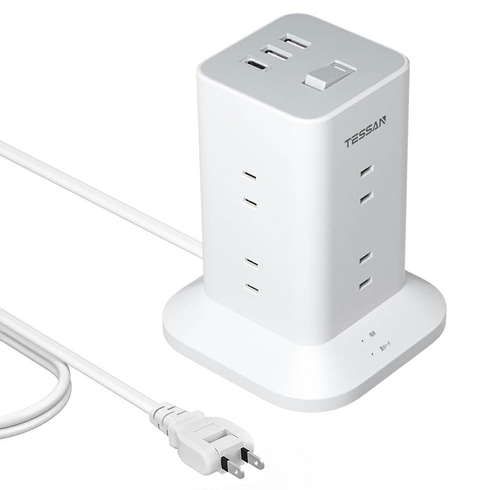 タワー型 電源タップ AC8口 USB-A2口 USB-C1口 雷ガード付 コード長 2m TPS04-JP-C TESSAN